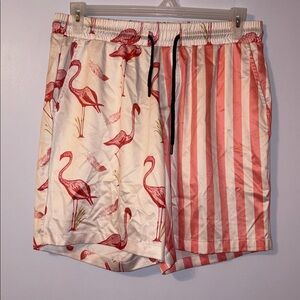 VATPAVE Mens Pink Flamingo Striped Hawaiian Satin Casual Short size M